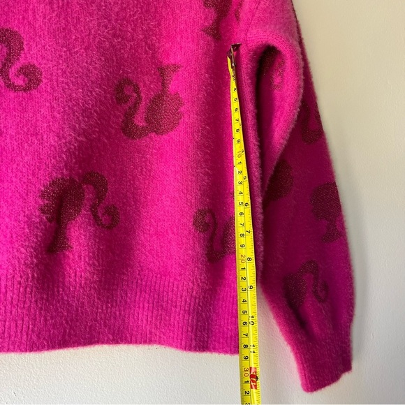 Barbie Fuzzy Pink Sweater Metallic Logo Print Girls Size L 10/12 Y2K Barbiecore - Picture 6 of 10